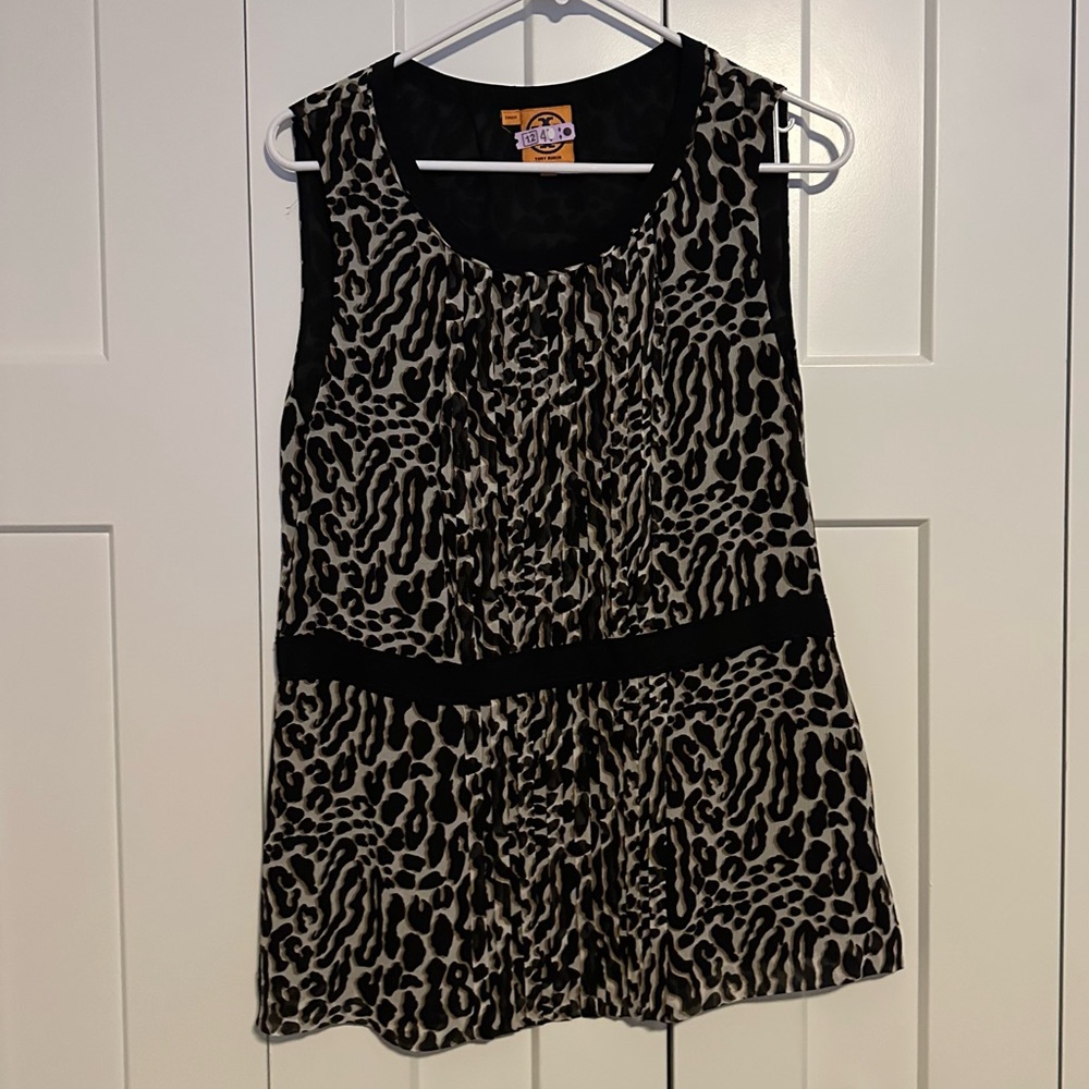 Tory Burch Black and Tan Animal Print 100% Silk Sleeveless Blouse Size 12